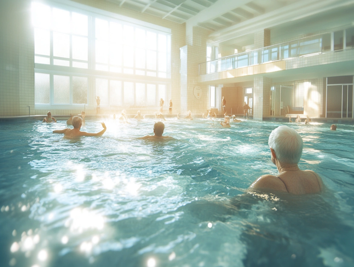 Пенсіонери займаються аква-фітнесом у басейні