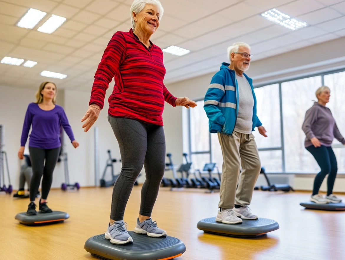 Пенсіонери виконують вправи на баланс під керівництвом тренера