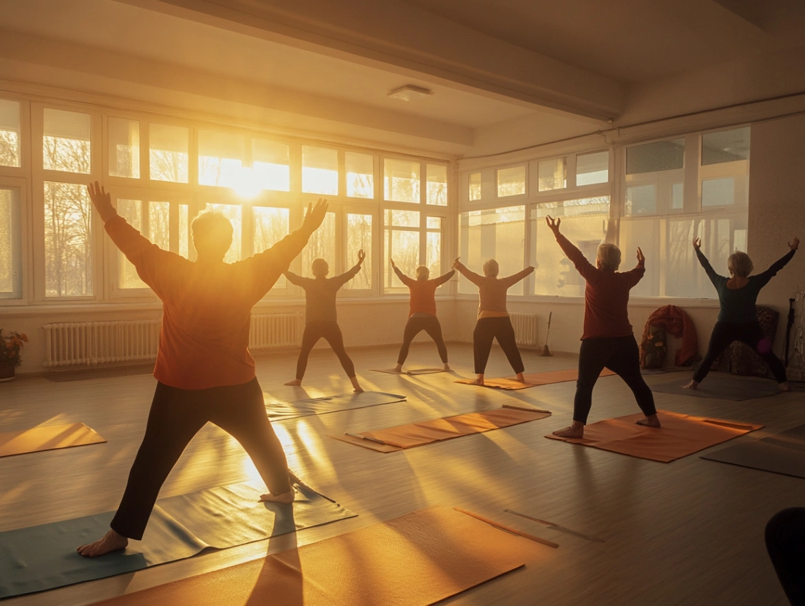 Група пенсіонерів виконує вправи лагідної йоги