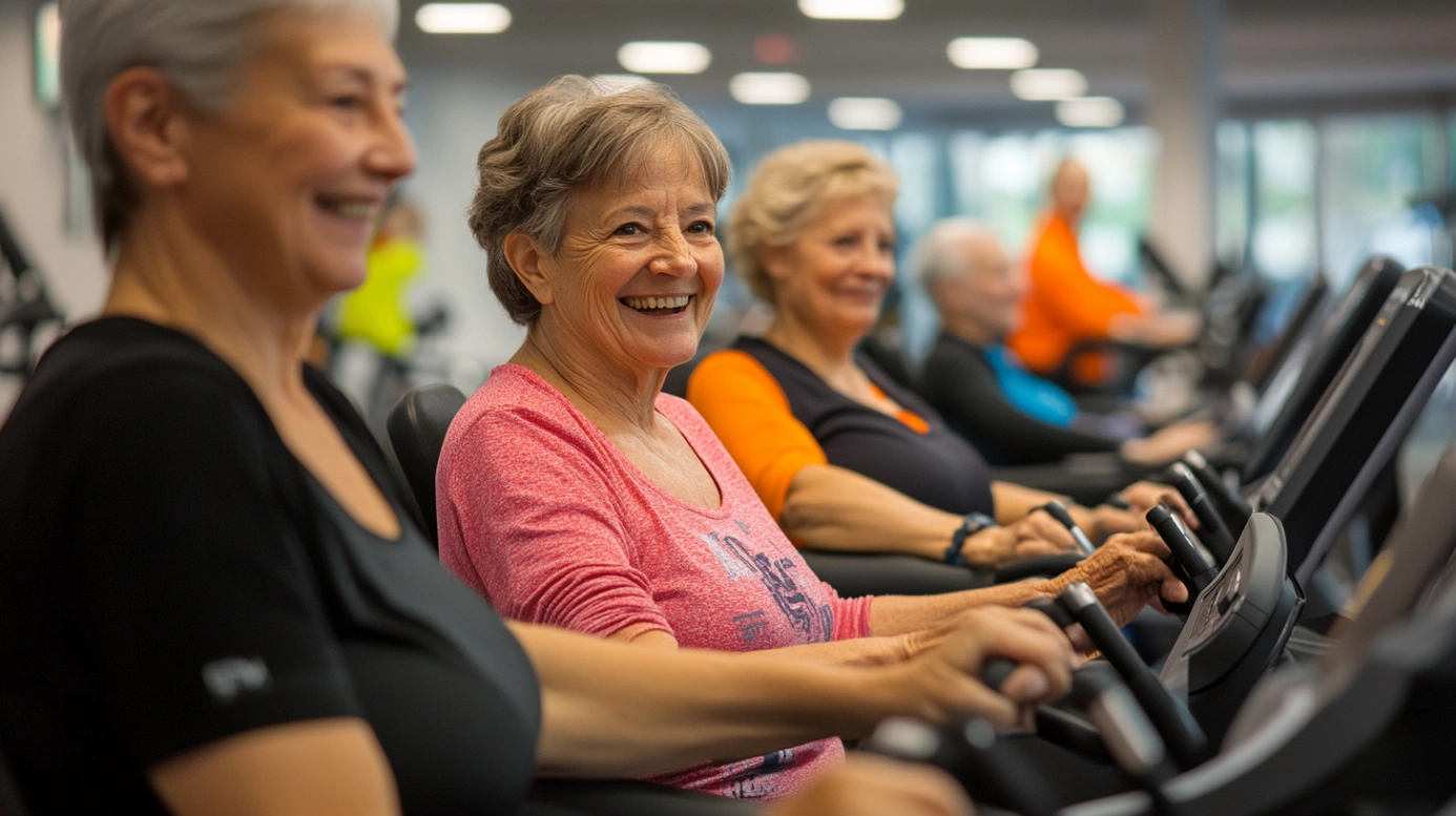 Щасливі пенсіонери на груповому занятті з фітнесу